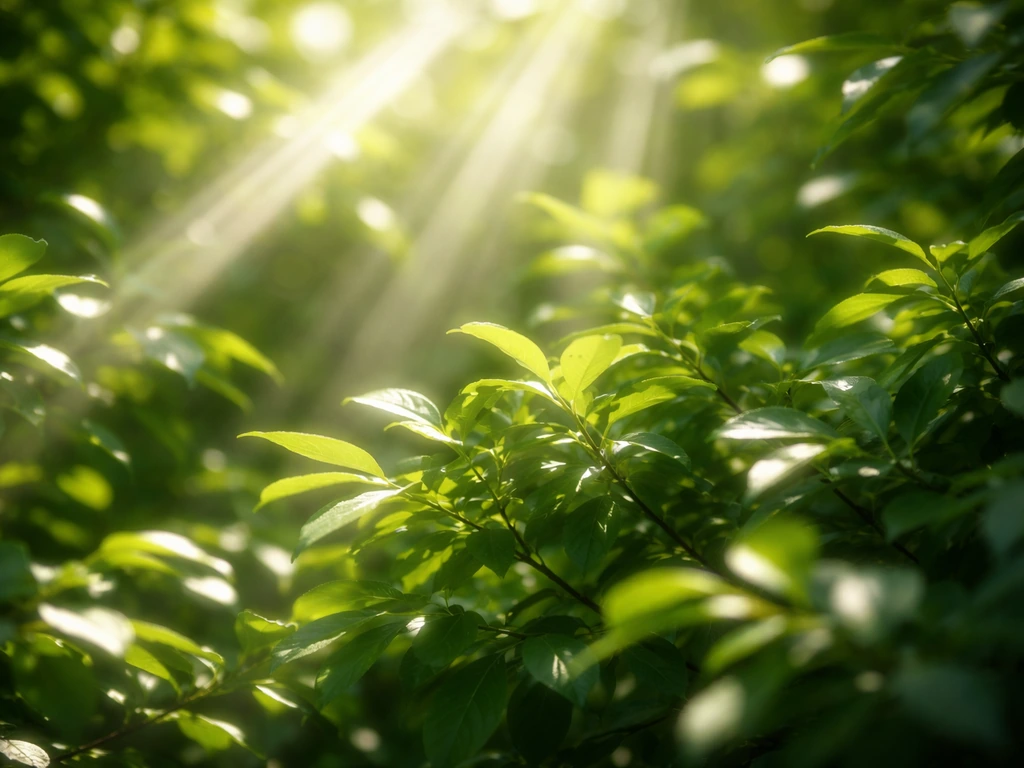 Sunlight beams streaming through a leafy plant canopy with soft shadows and visible leaf textures.