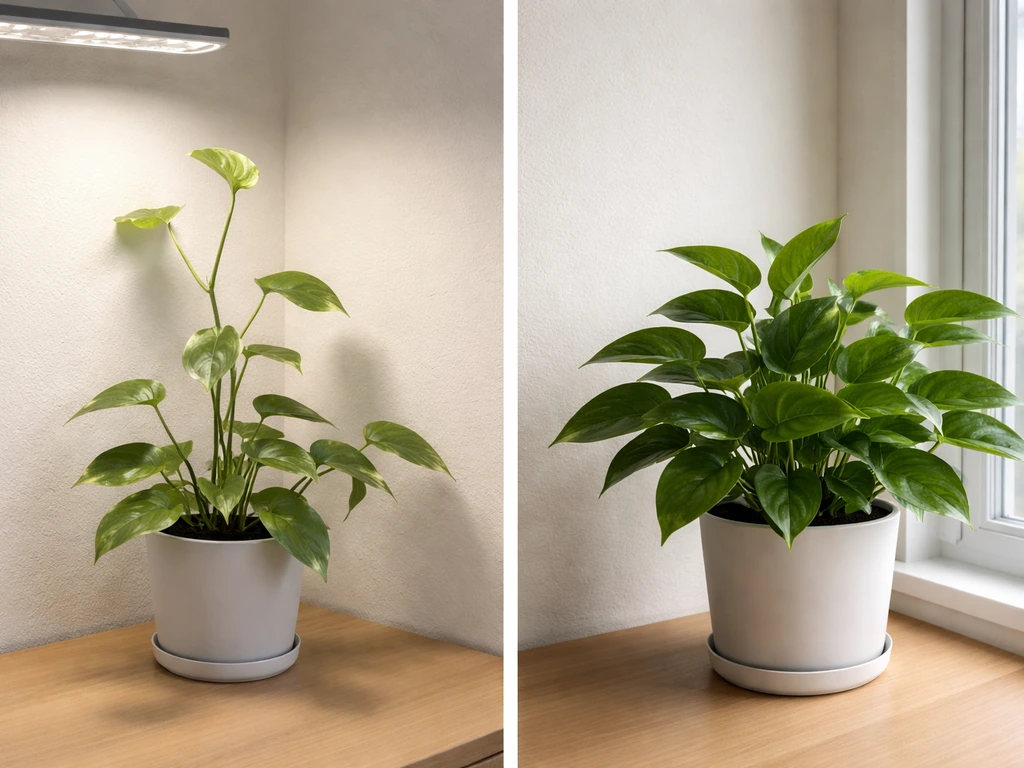 Split before/after photo: a leggy pale plant moved closer to the window looks greener and healthier.