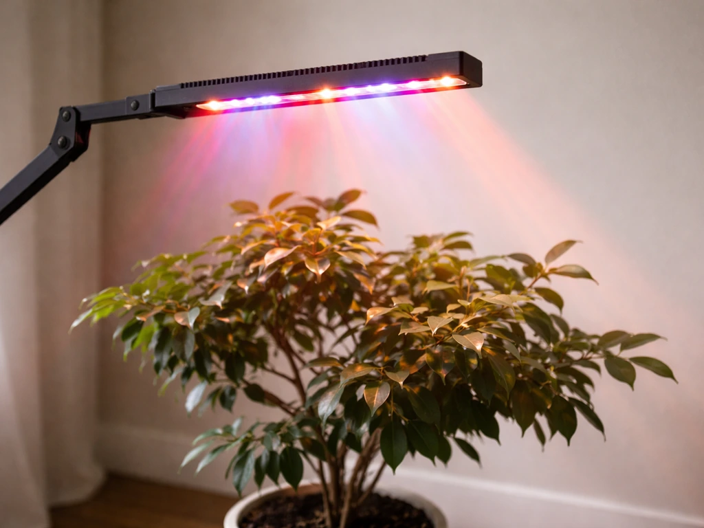 Full-spectrum LED grow light mounted beside a potted indoor tree, showing directed light glow.