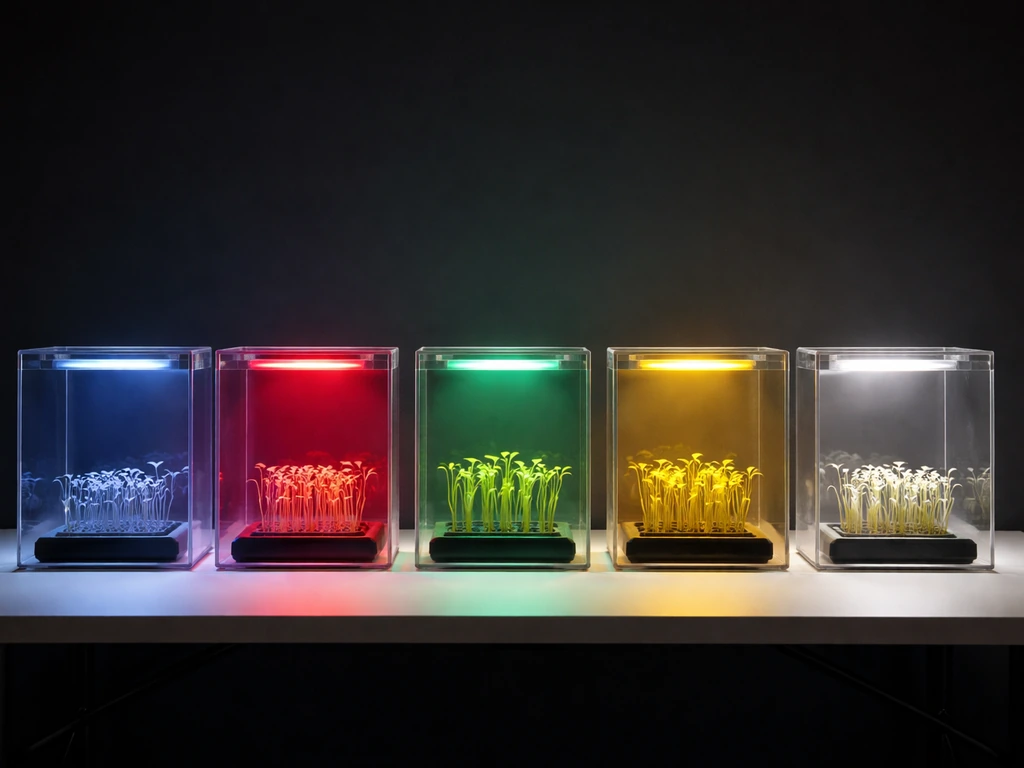 Science-fair plant chambers lit in blue, red, green, yellow, and white with different seedling growth.