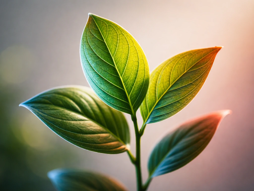Macro close-up of green plant leaves lit with soft blue and red light gradients.