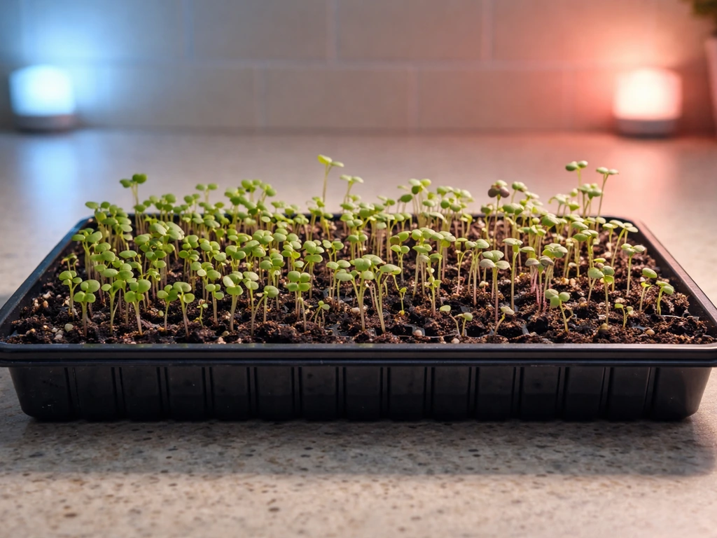 Seedling tray with compact microgreens under cool blue light beside slightly stretched seedlings under warm red light