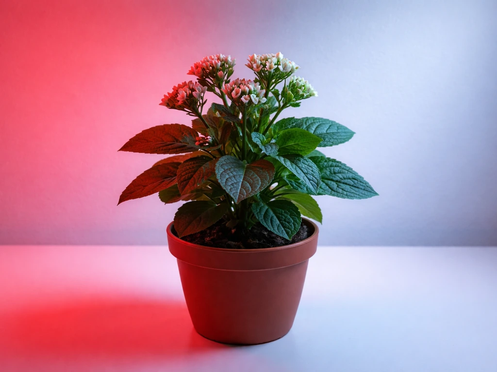 Close-up of flowering plant leaves and buds under red and blue/white light on a simple lab bench