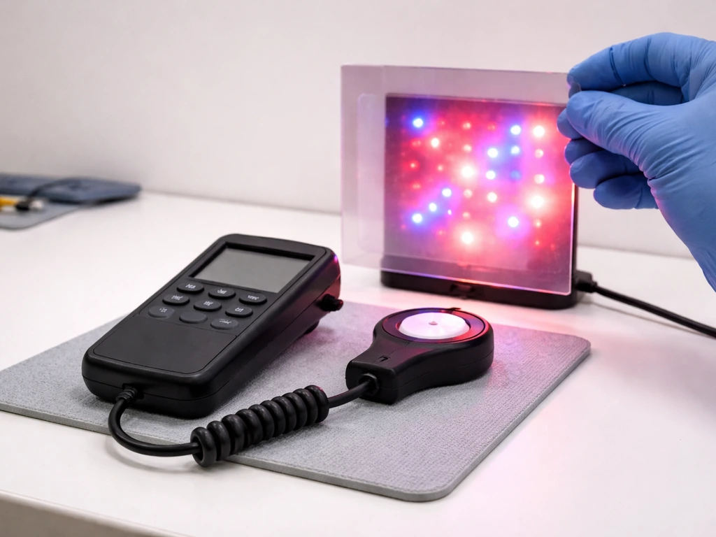 Hand adjusting a filter while a handheld quantum/PAR meter measures light from colored LEDs on a table.