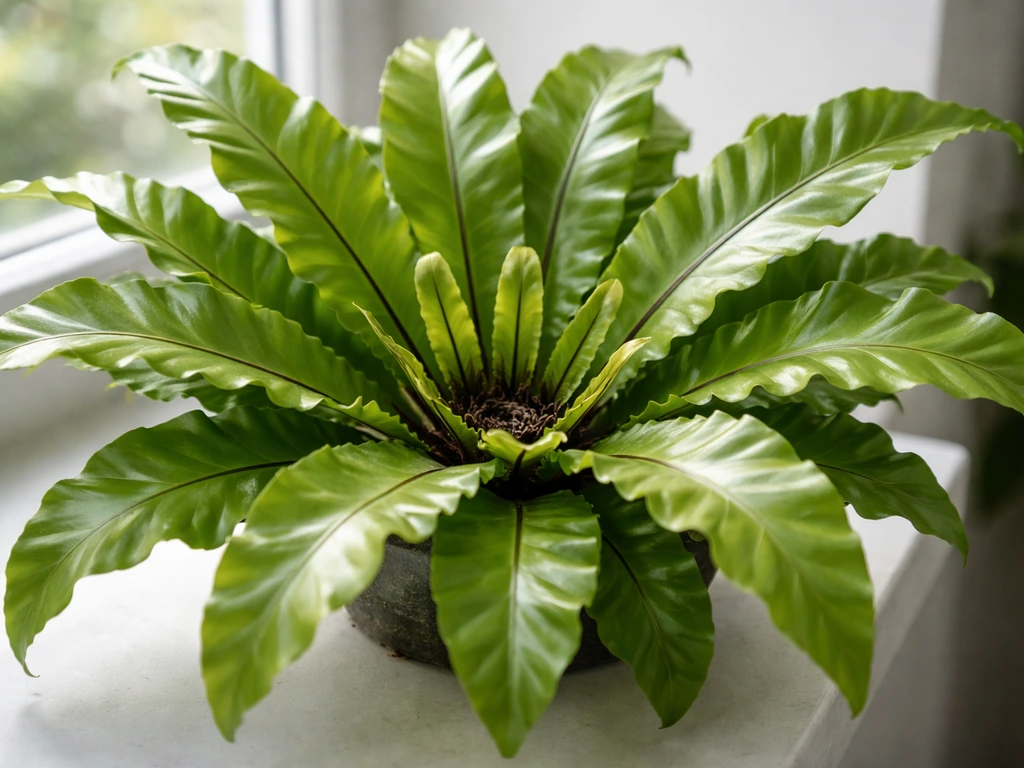 Close-up of a bird’s nest fern in bright indirect window light with healthy central rosette and fronds.