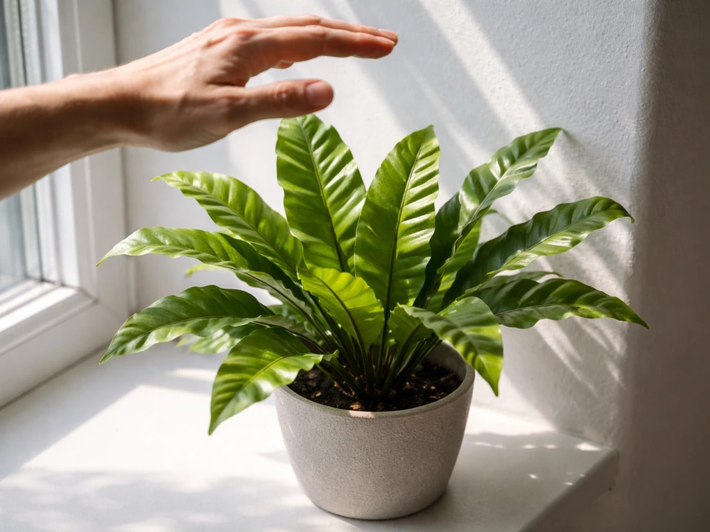 Hand-held shadow test above a bird’s nest fern, showing a sharp crisp shadow in strong midday light
