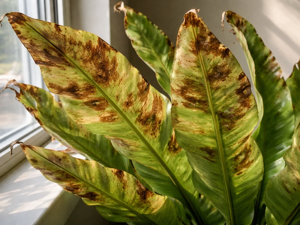 Close-up of bird’s nest fern fronds showing sun scorch with brown patches and crispy edges.