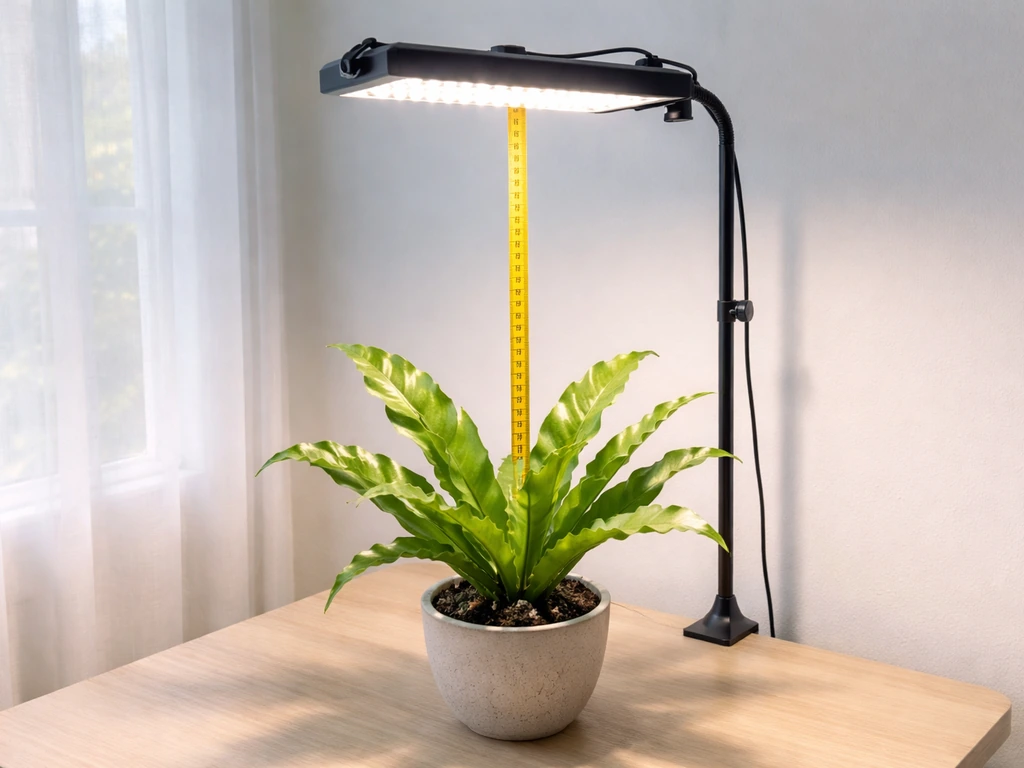 LED grow light fixture hovering 12–18 inches above a bird’s nest fern with a measuring tape