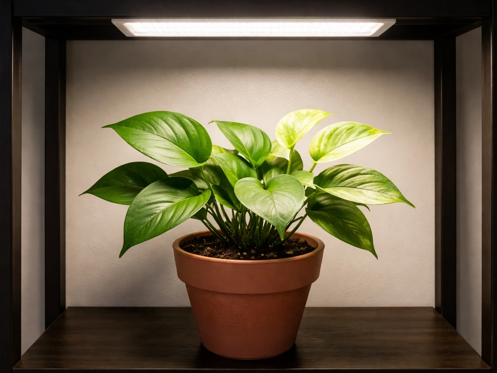 A potted plant under an LED grow light with healthy and slightly stressed leaves in a minimal indoor setup.