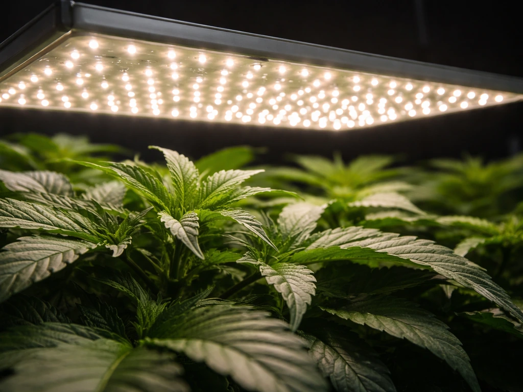 Close-up of an indoor grow light over a leafy plant under continuous illumination, showing leaf detail and stress.