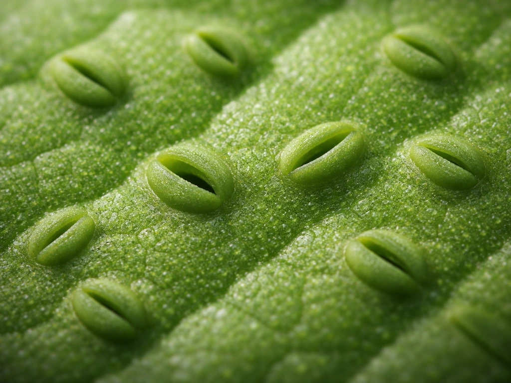 Macro view of leaf stomata with open and closed pores in sharp focus