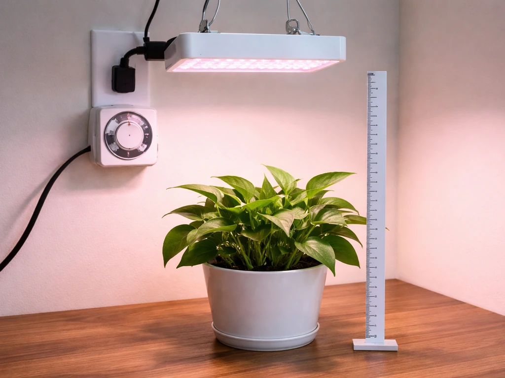 Plug-in timer controlling an LED grow light over a potted plant with a ruler for safe distance.