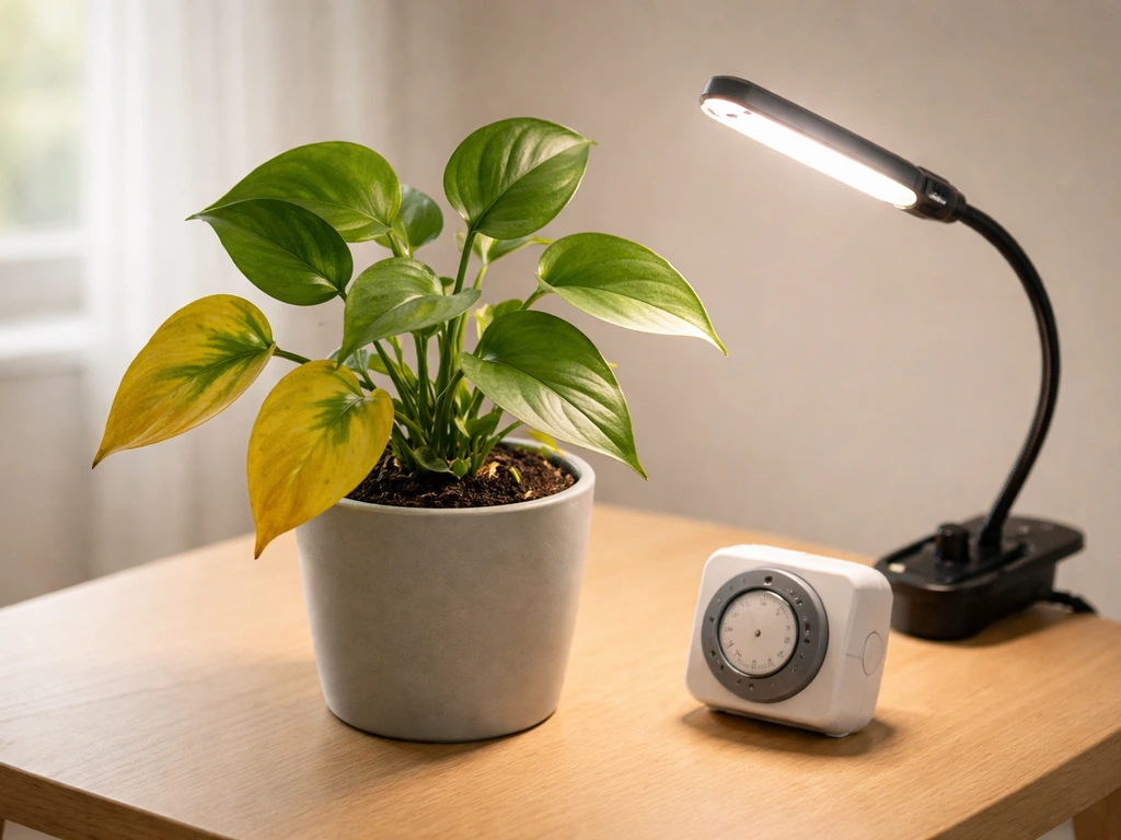 Close-up of potted plant leaves showing yellowing and slight tip burn beside a small desk timer-light setup.