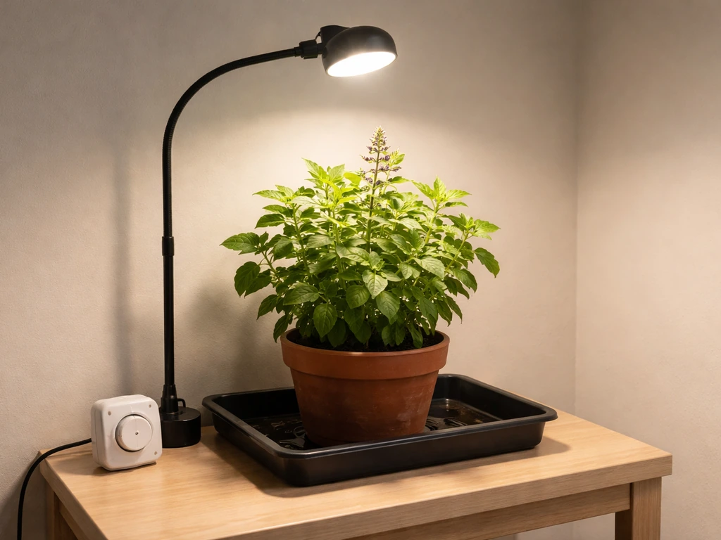 Tulsi holy basil plant under an LED grow light with a timer in a windowless indoor room.