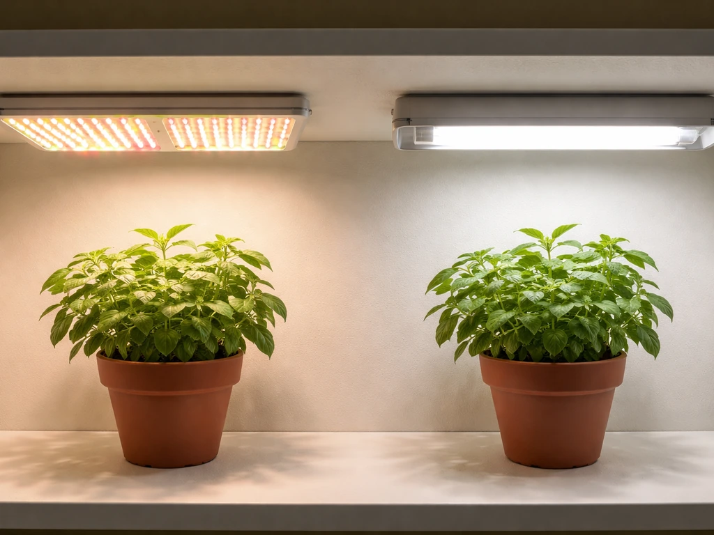 LED grow light and fluorescent tube side-by-side illuminating potted herbs in a simple indoor setup.