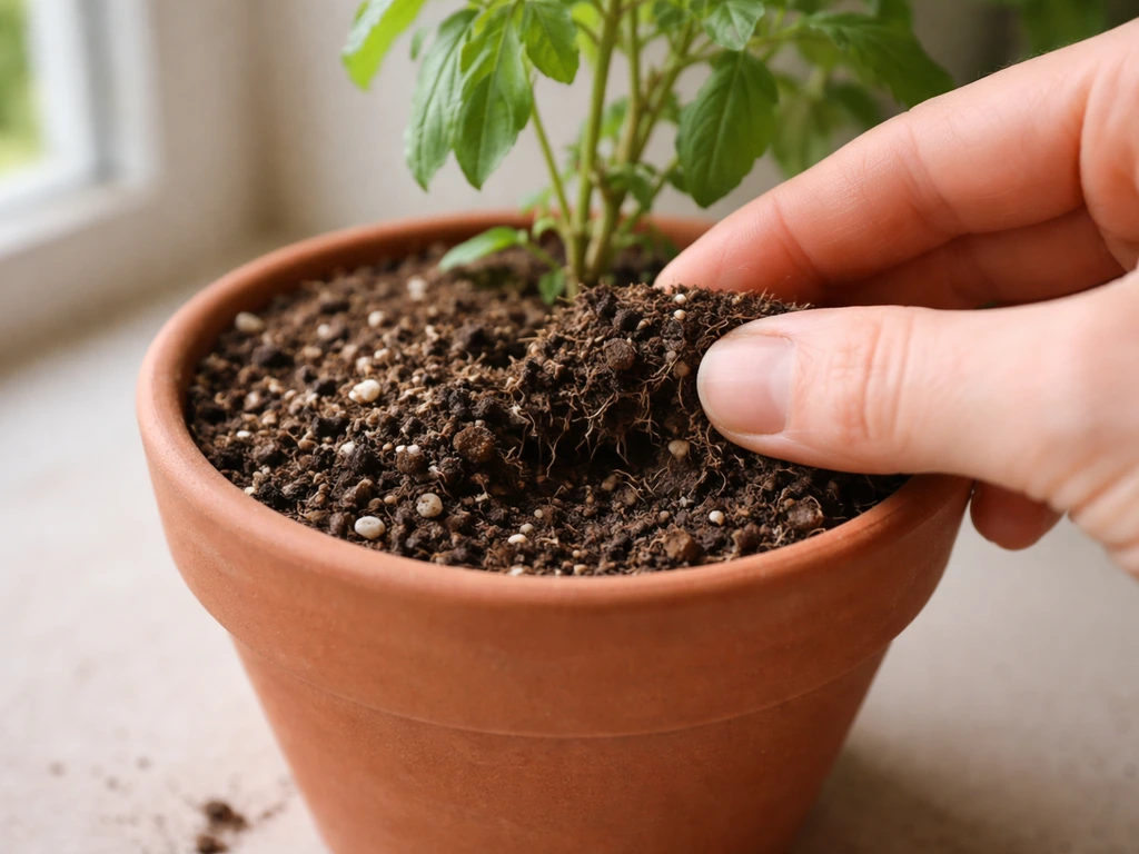 Close-up of well-draining potting mix in an indoor pot with a moisture check of the top inch.