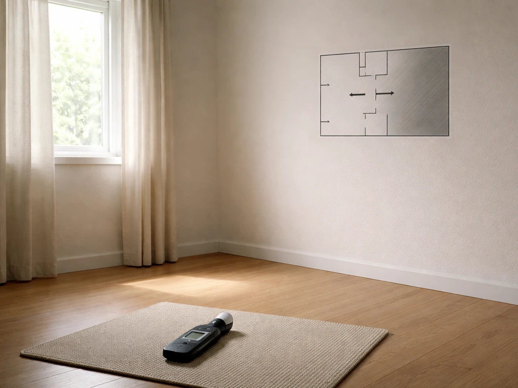 Minimal indoor room corner with window, light meter on floor, and blank shaded lighting area indicating low light.