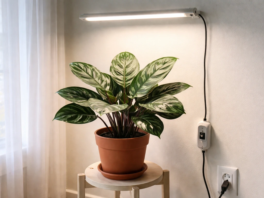 Calathea in a terracotta pot under a clean LED grow light with an inline timer on the cord.
