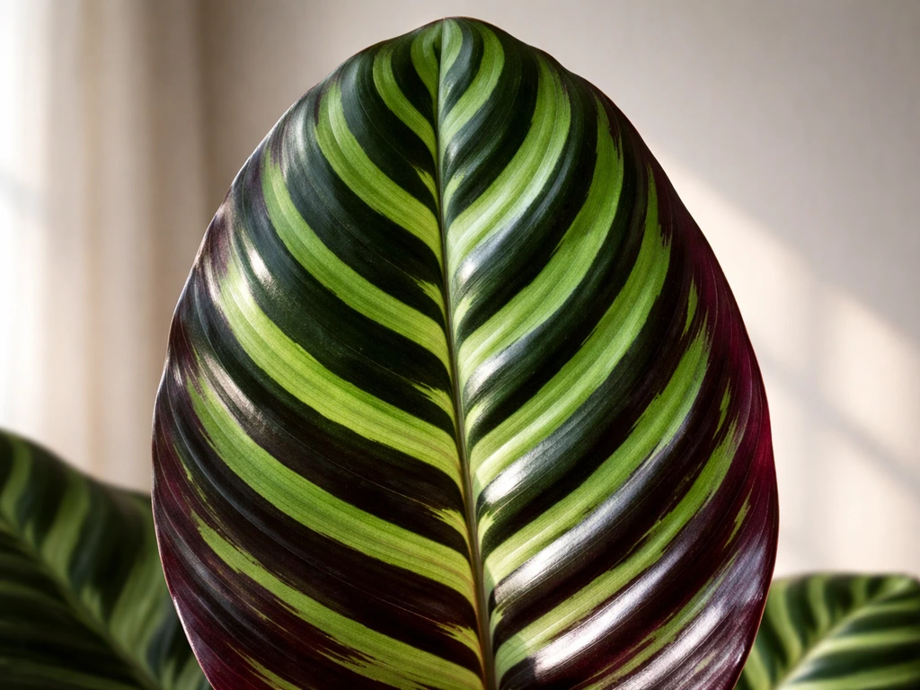 Close-up of a calathea leaf with bright window light and crisp patterns, not scorched.
