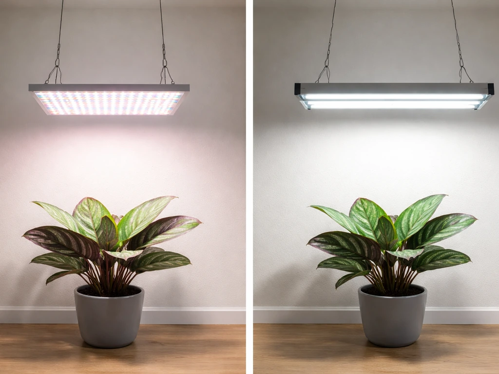 Minimal grow setup showing an LED panel over one calathea and T5 fluorescent tubes over another.