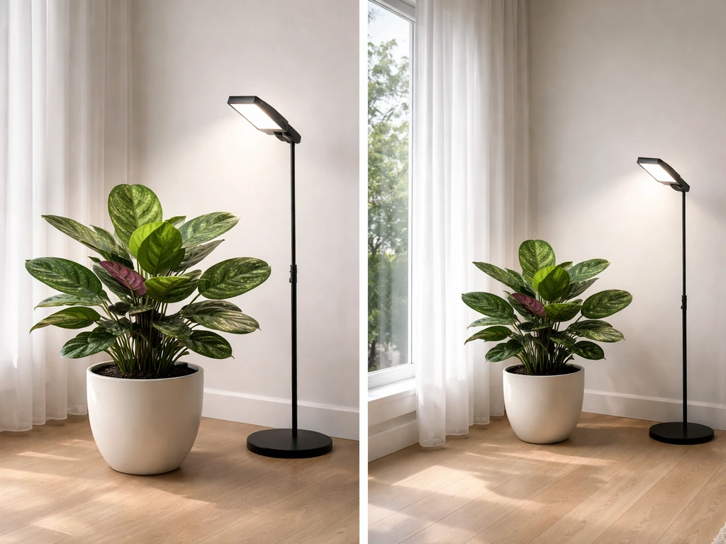Calathea by an east-facing window and a separate grow light nearby in a bright, minimal room.