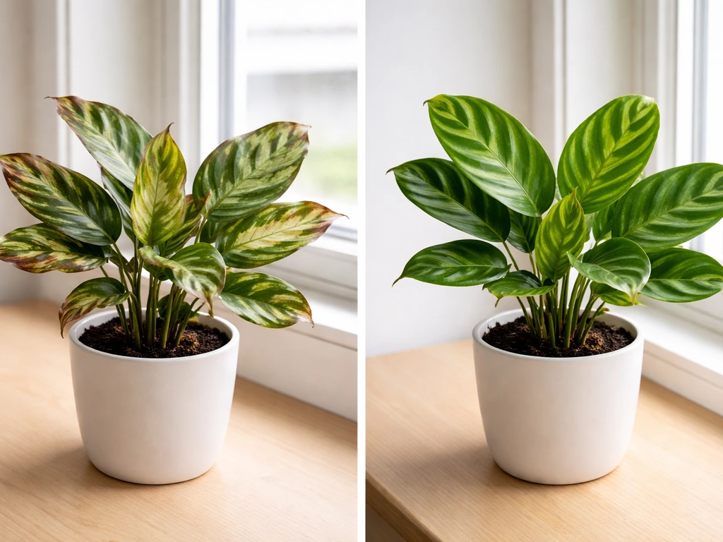 Split view of a calathea with crispy brown leaf edges on one side and healthier green leaves on the other.