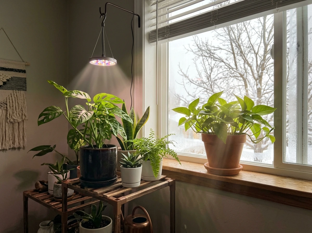 Winter houseplant corner showing window light versus an LED grow light on plants