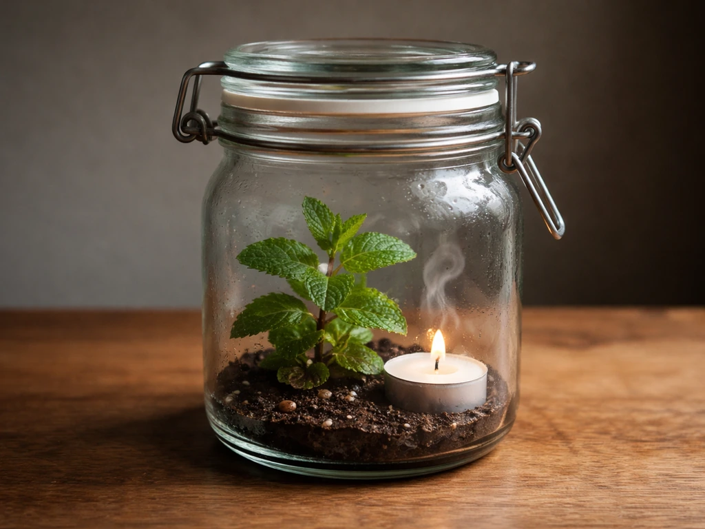 Mint plant inside a sealed glass jar with a small candle, showing air and combustion experiment atmosphere.