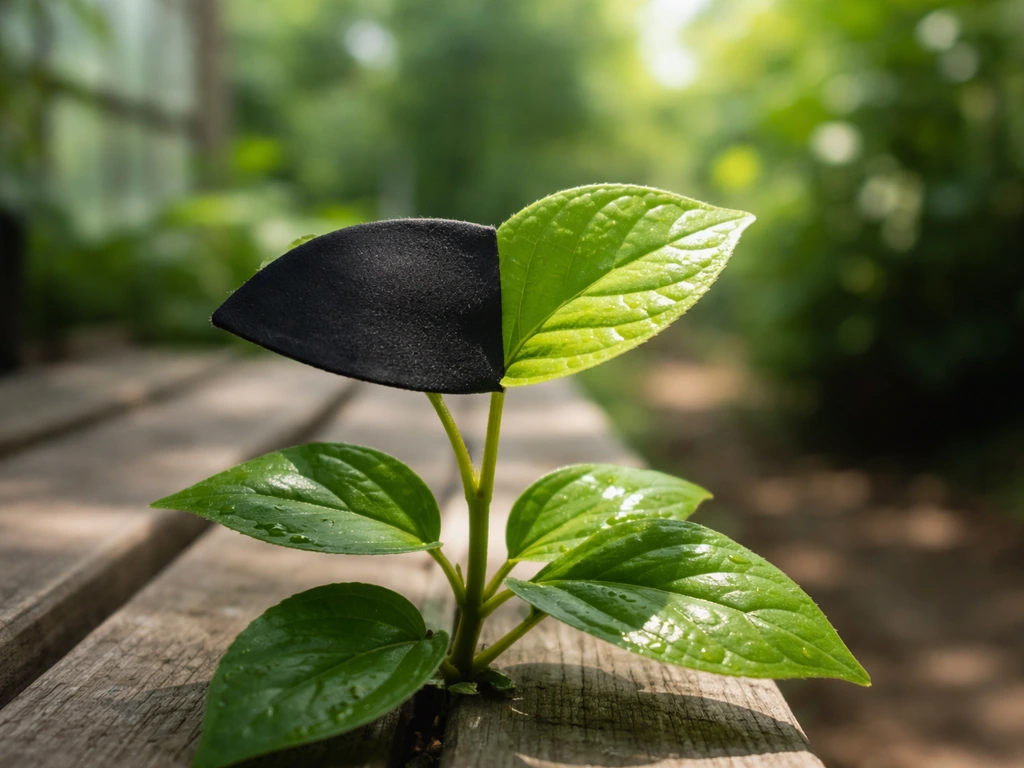 Leaf partially covered with opaque material, with light hitting the exposed portion.