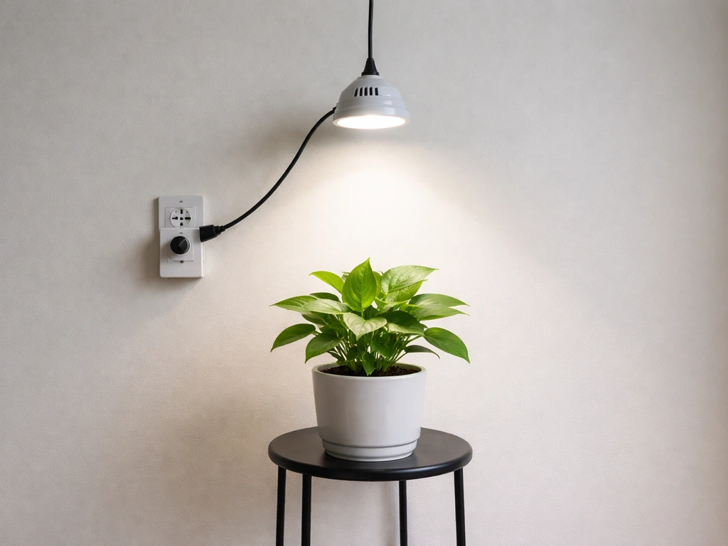 Leafy plant under an LED grow light on a simple stand with a visible timer plug controlling it