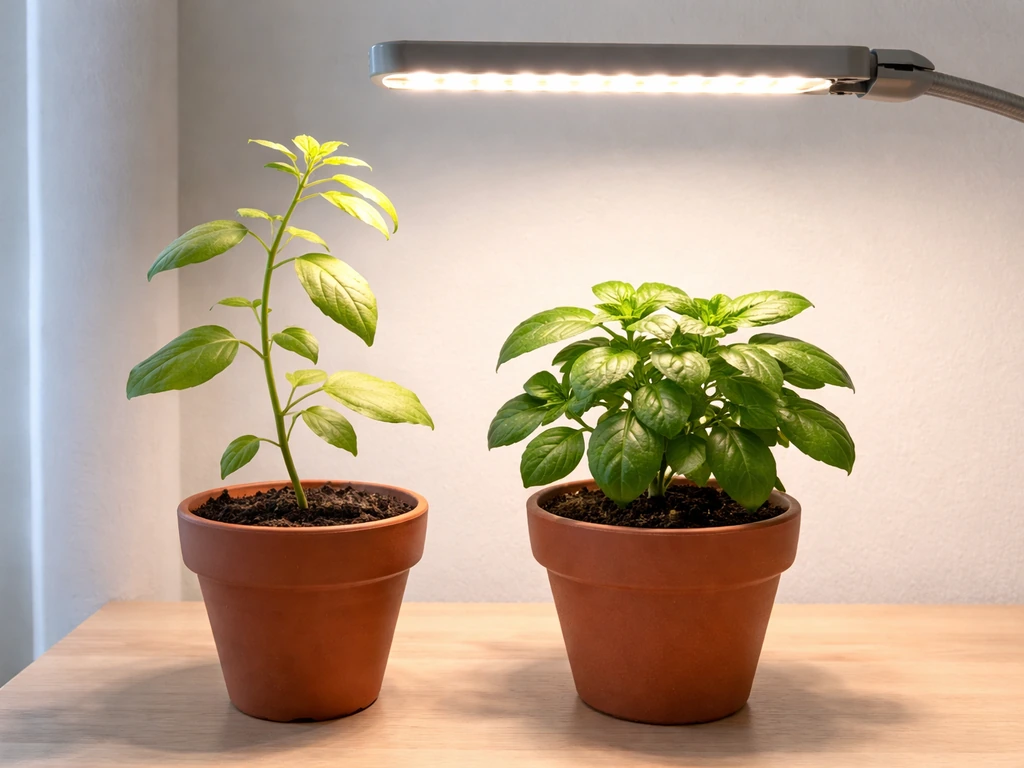 Two potted plants side by side: one leggy and pale, the other compact and healthy under proper light.