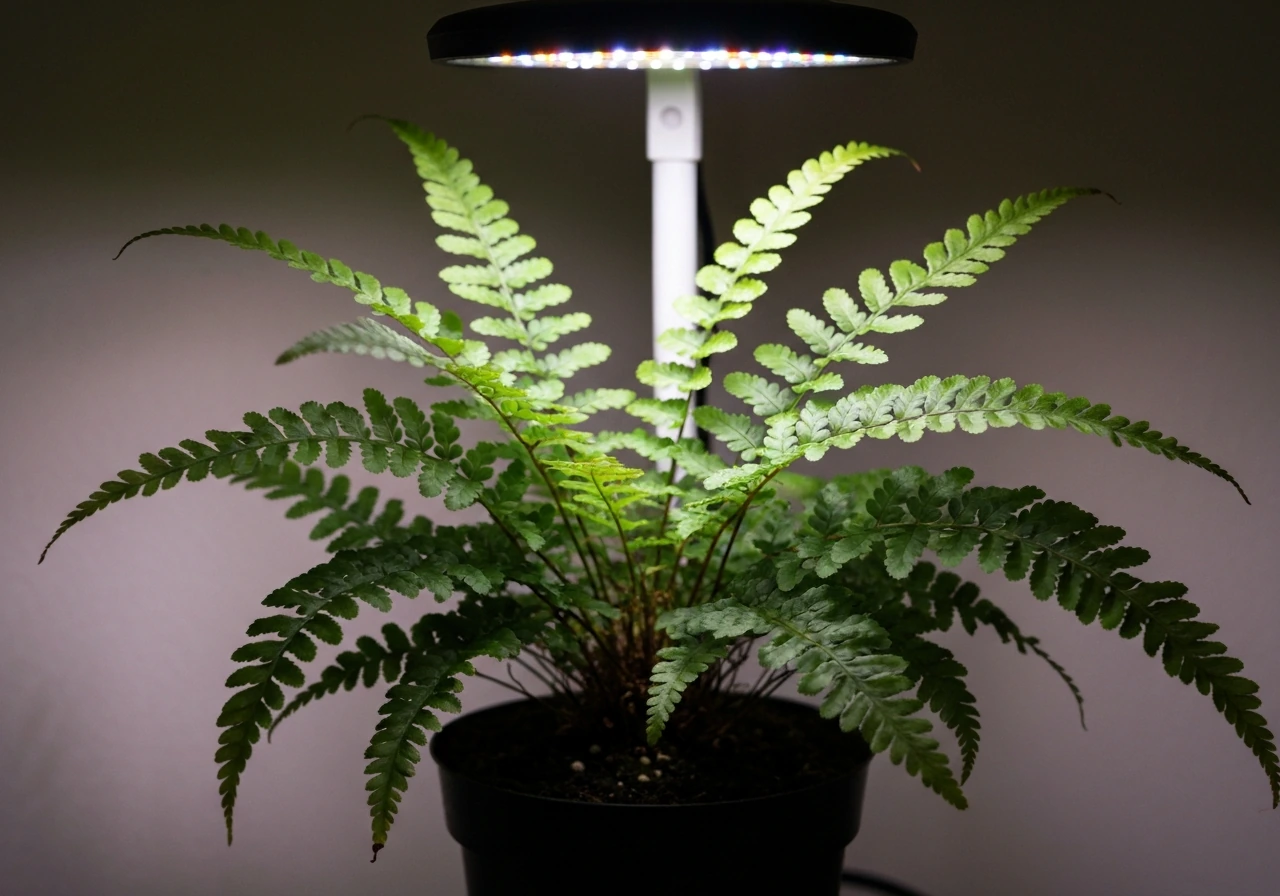 Lush potted fern growing under an LED grow light in a dim room.