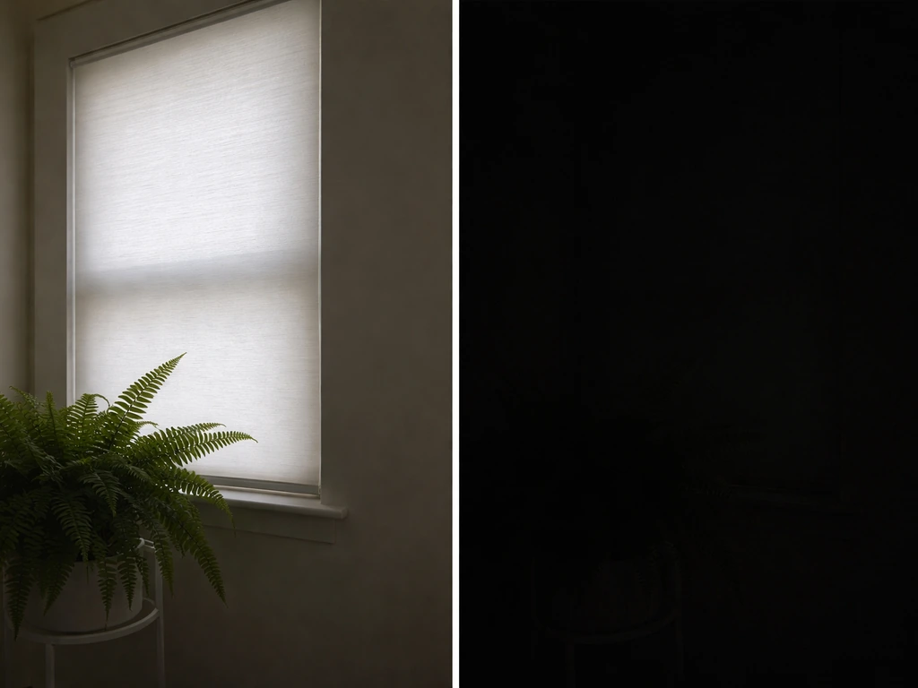 Left: a fern-lit room with window shade; Right: a dark room with no visible light.