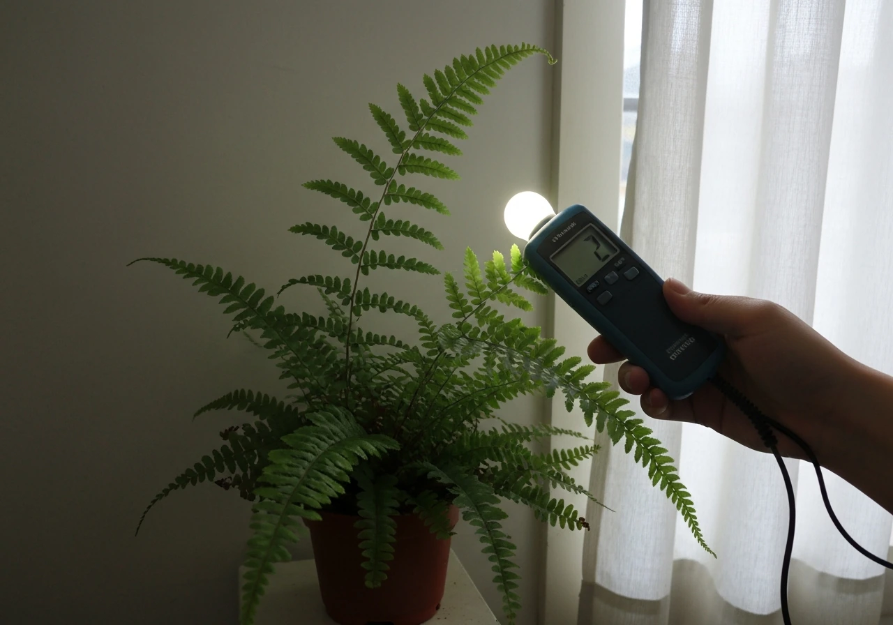 Hand-held light meter aimed at a fern on a windowsill in natural daylight