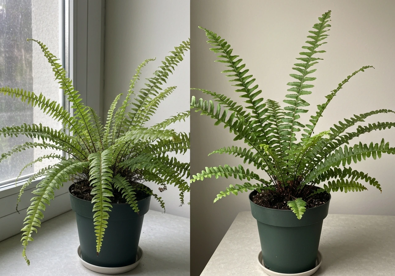 Two potted ferns side-by-side showing light effects: stretched fronds vs fuller compact growth