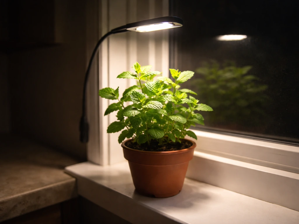 Indoor mint plant in a dim room, illuminated by a small grow light, looking healthy despite low light.