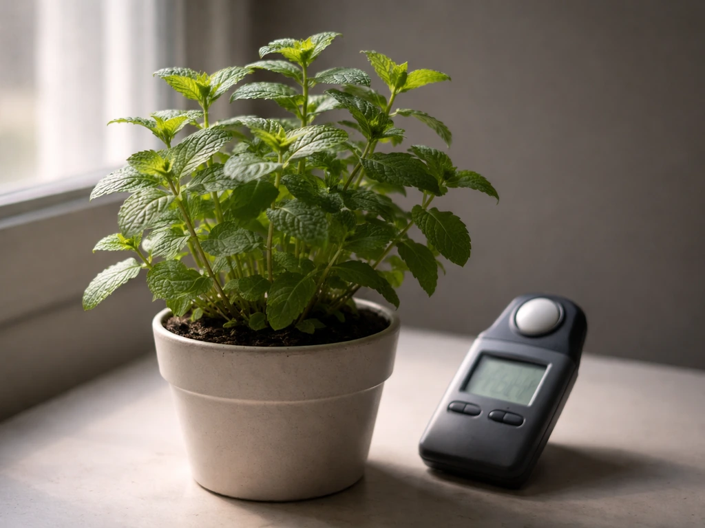 Fresh mint plant leaves next to a simple brightness/light meter showing low-light conditions