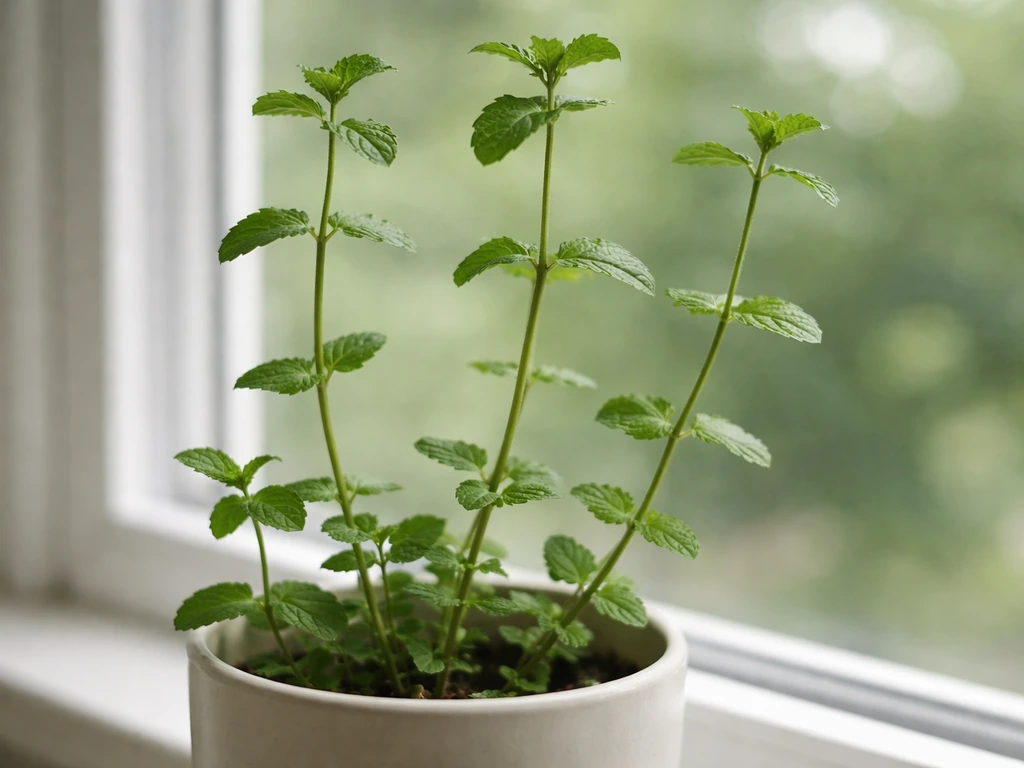 Close-up of leggy mint stems with long gaps between leaf nodes, showing it reaching for light