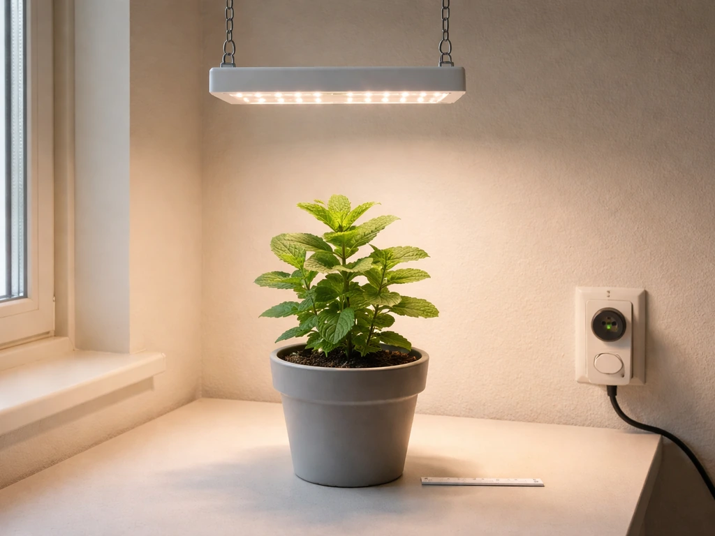 LED grow light shining on a mint pot with the light hanging 6–12 inches above and a timer visible.