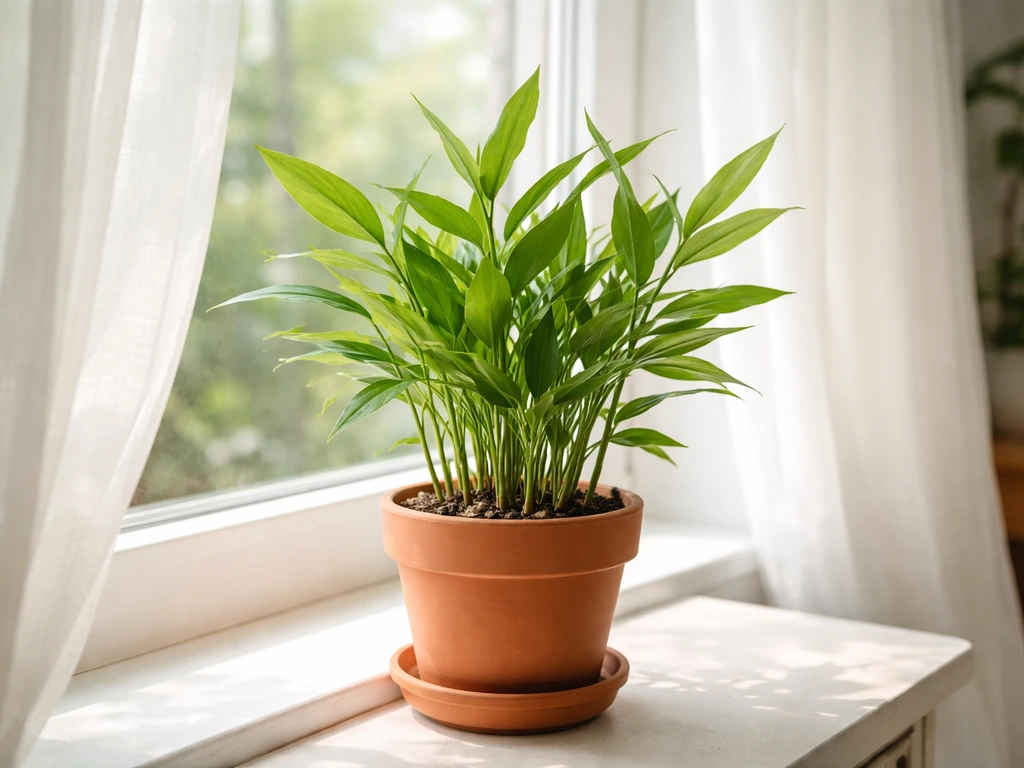 Potted ginger plant indoors near a bright window with healthy green leaves in soft daylight.