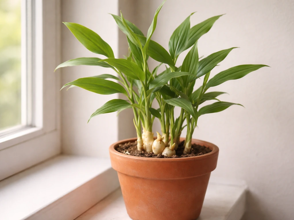Ginger plant in a small pot on a windowsill under indirect bright indoor light