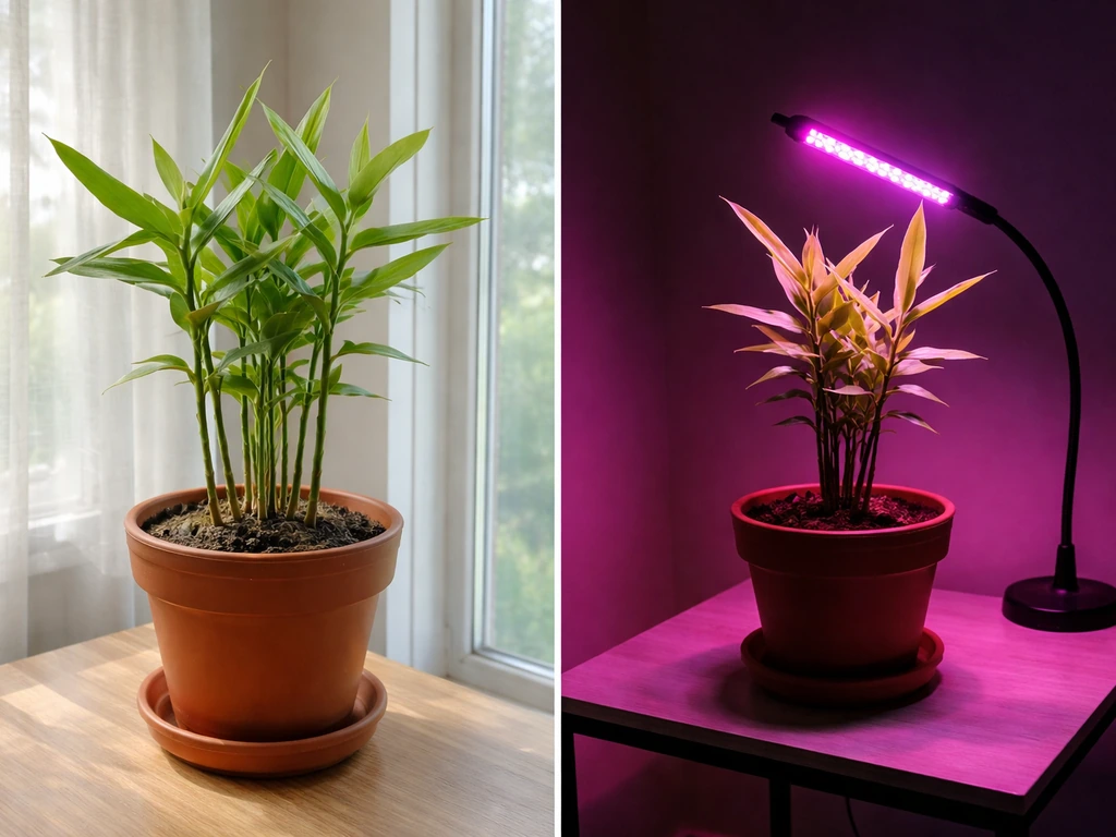Ginger plant near a bright window and under a grow light, showing low-light care setups.