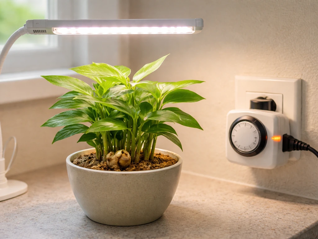 Ginger plant under a grow light beside a simple timer showing a light on/off schedule setup.