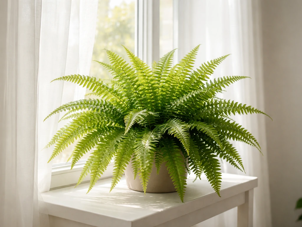 Lush indoor fern by a window with sheer curtain diffusing bright indirect light.