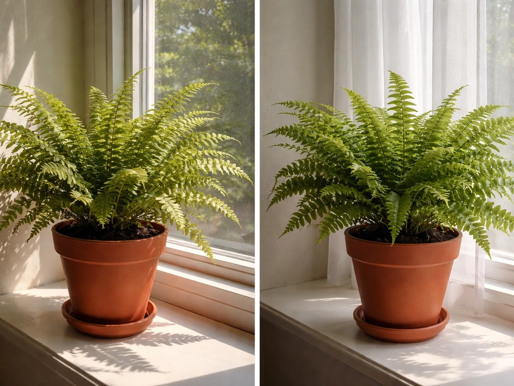 Two potted ferns side by side: one in harsh sun, one in bright diffused light.