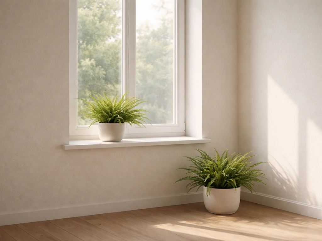 A bright living room window with potted ferns placed on a sill and floor, showing light near different exposures.