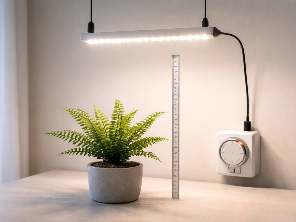 Close-up of a plant grow light setup over artificial fern with a timer and measured height.