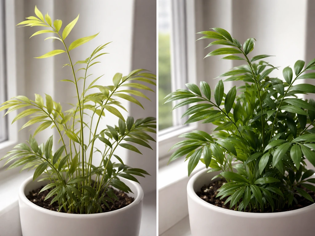 Indoor plant with pale spindly new growth on one side and deeper green healthy fronds on the other.