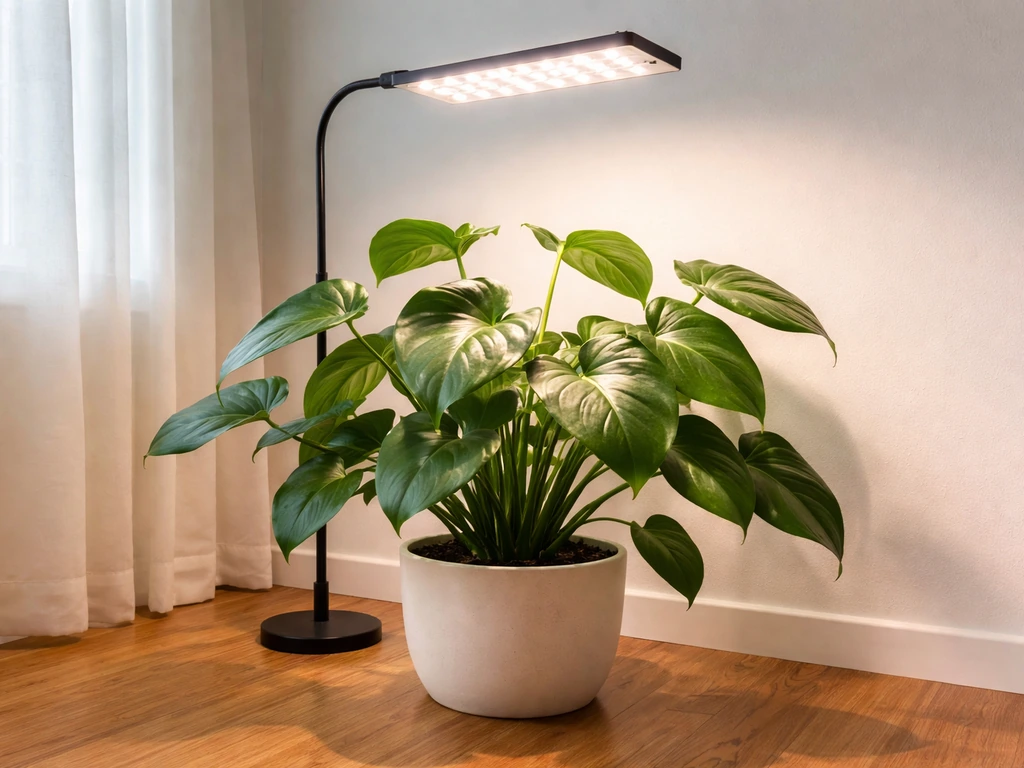 Philodendron indoors under an LED grow light panel with leaves clearly visible and a safe gap from the light.