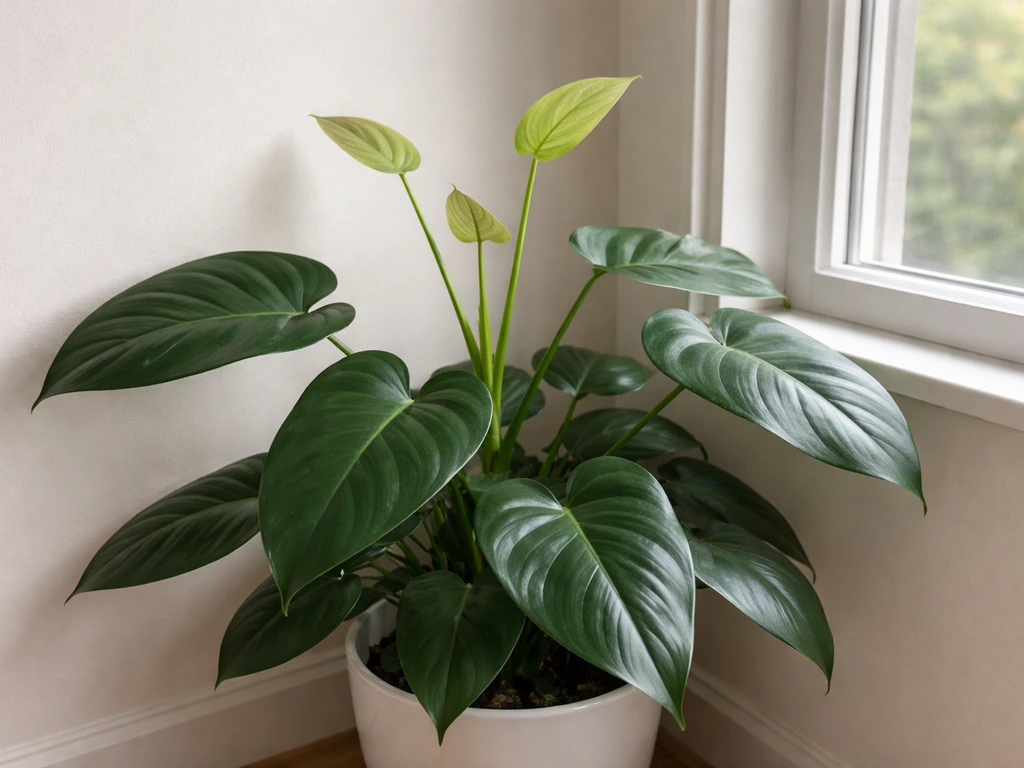 Close-up of a philodendron with small lighter new leaves and slight stretching toward the window.